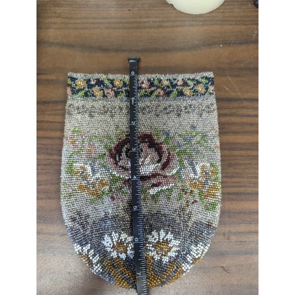 Antique Victorian Colorful Floral Rose Glass Micro Beads Drawstring Purse 1920's - Picture 6 of 7
